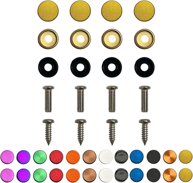 NAROWAN Color: Gold - License Plate Screws - Stainless Steel, Set of 4 Fasteners - for Front or Rear License Plates, Frames or Covers on Car, Truck, SUVs - Rustproof, Self Tapping and M6 Screws Aluminum caps - Image 1